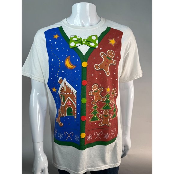 Christmas Holiday Gildan Faux Vest Gingerbread TShirt Large White Cotton - Picture 15 of 16